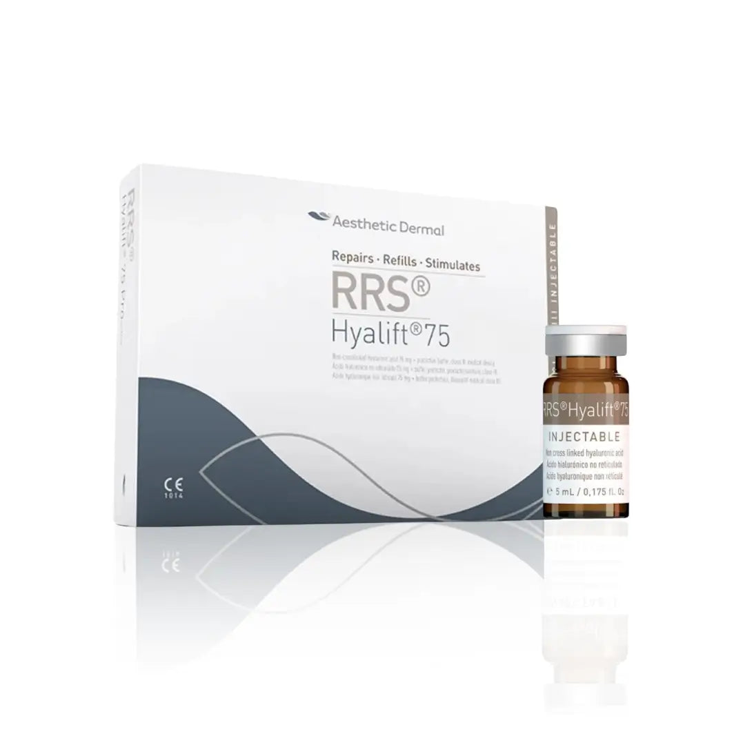 Box of RRS Hyalift 75 with 1 x 5ml vial, featuring a white and gray design, used for deep hydration and skin revitalization on the face, neck, and hands.