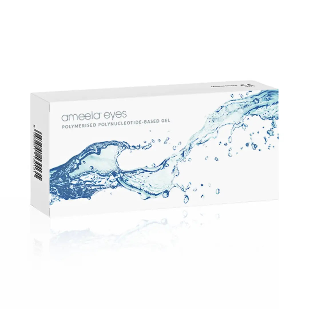 Ameela Eyes 2ml box with white and blue packaging featuring water splash graphics. Labeled as a polymerized polynucleotide-based gel for eye care.