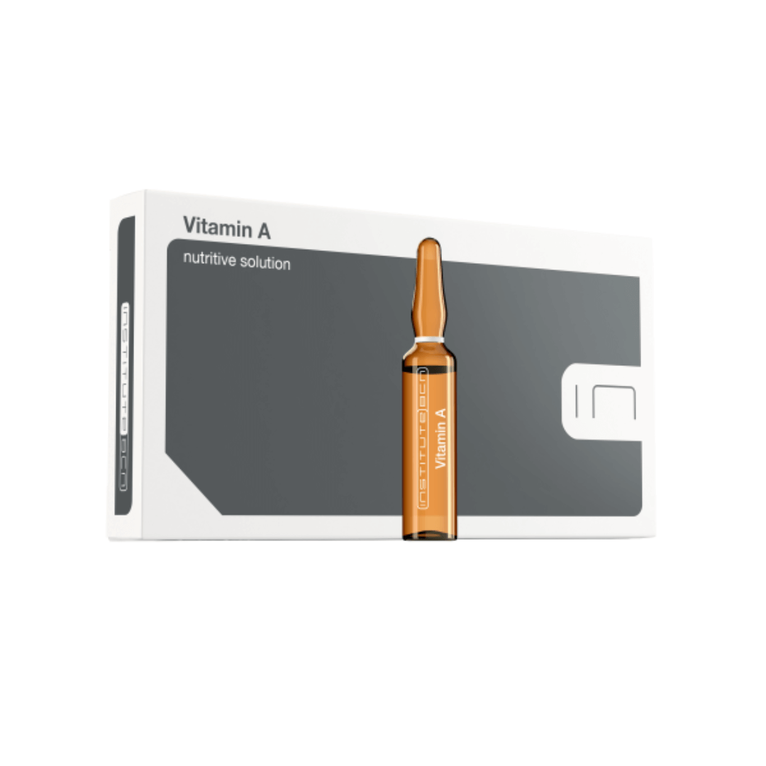 BCN Vitamin A Nutritive Solution packaging, showing a box with 10 x 2ml ampoules, boosts collagen, increases cell turnover, and enhances skin glow.