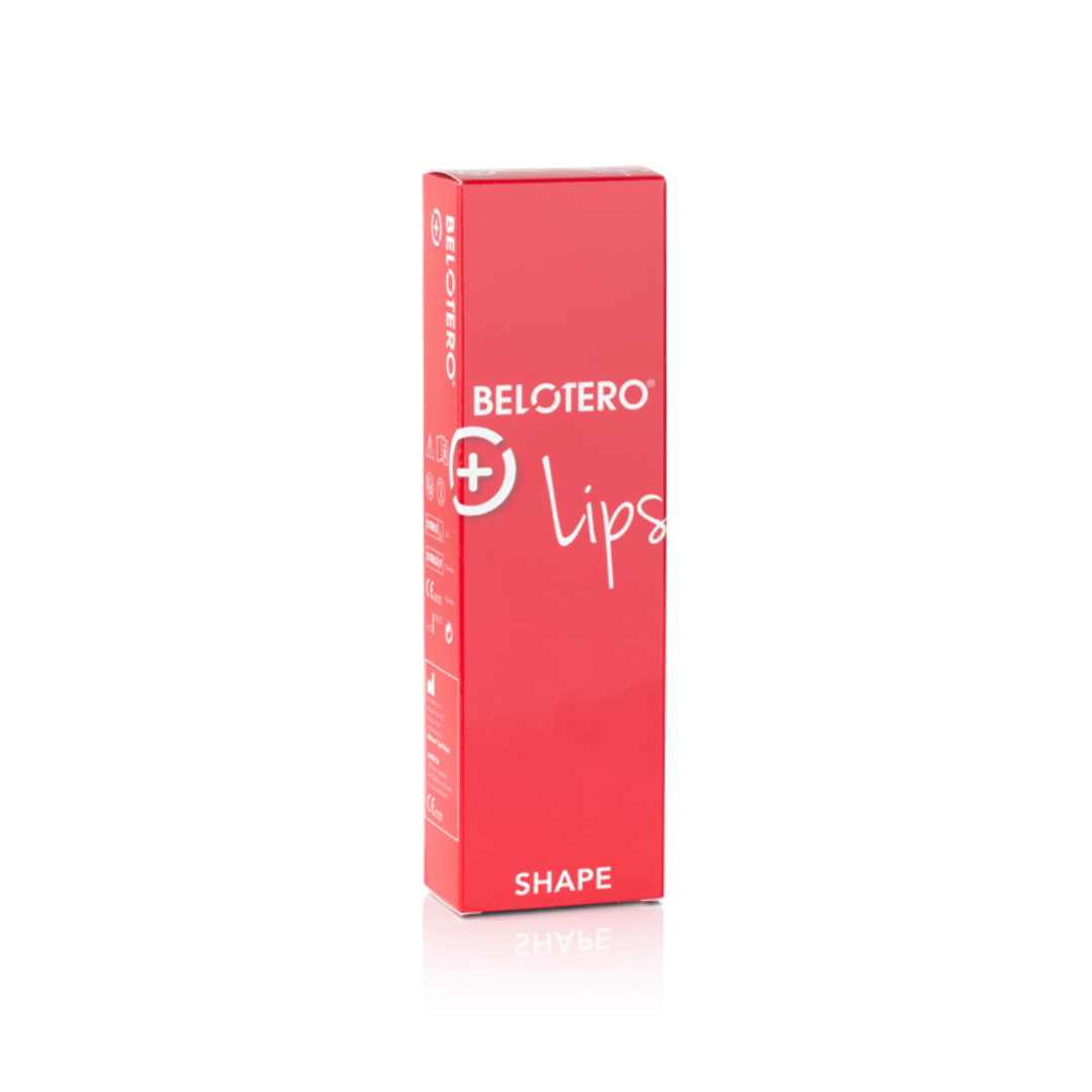 Red box of Belotero Lips Shape Lidocaine 0.6ML for lip augmentation and volume with a syringe and needles included.