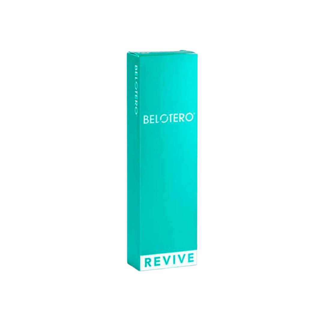 Turquoise box of Belotero Revive 1ML for anti-aging, hydration, and skin firming with a syringe included.