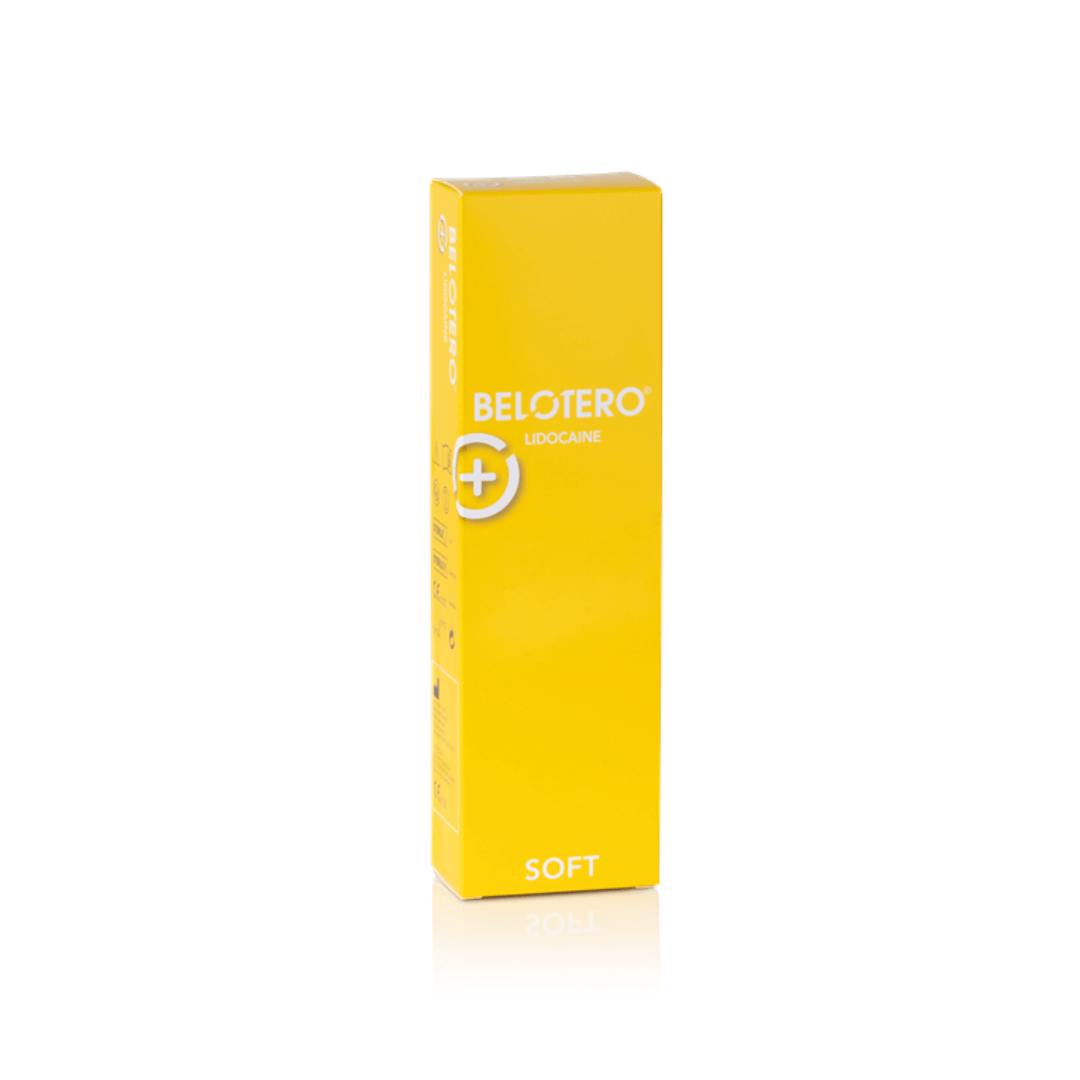 Yellow box of Belotero Soft Lidocaine 1ML for correcting fine lines and wrinkles with a syringe included.