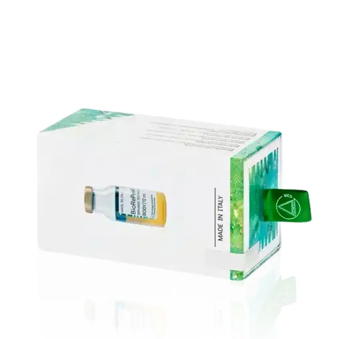BioRePeelCl3 Body box showing a vial with yellow and clear liquid, labeled 'Made in Italy,' with green tamper-proof seal, used for skin rejuvenation and exfoliation.