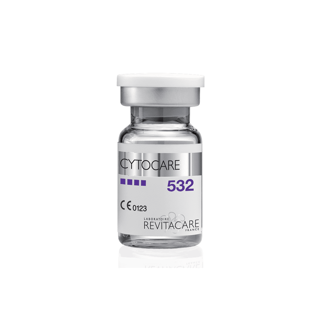 Single vial of Cytocare 532 with 32 mg hyaluronic acid for reducing fine lines and wrinkles, restoring skin hydration, tone, and elasticity, and improving radiance.