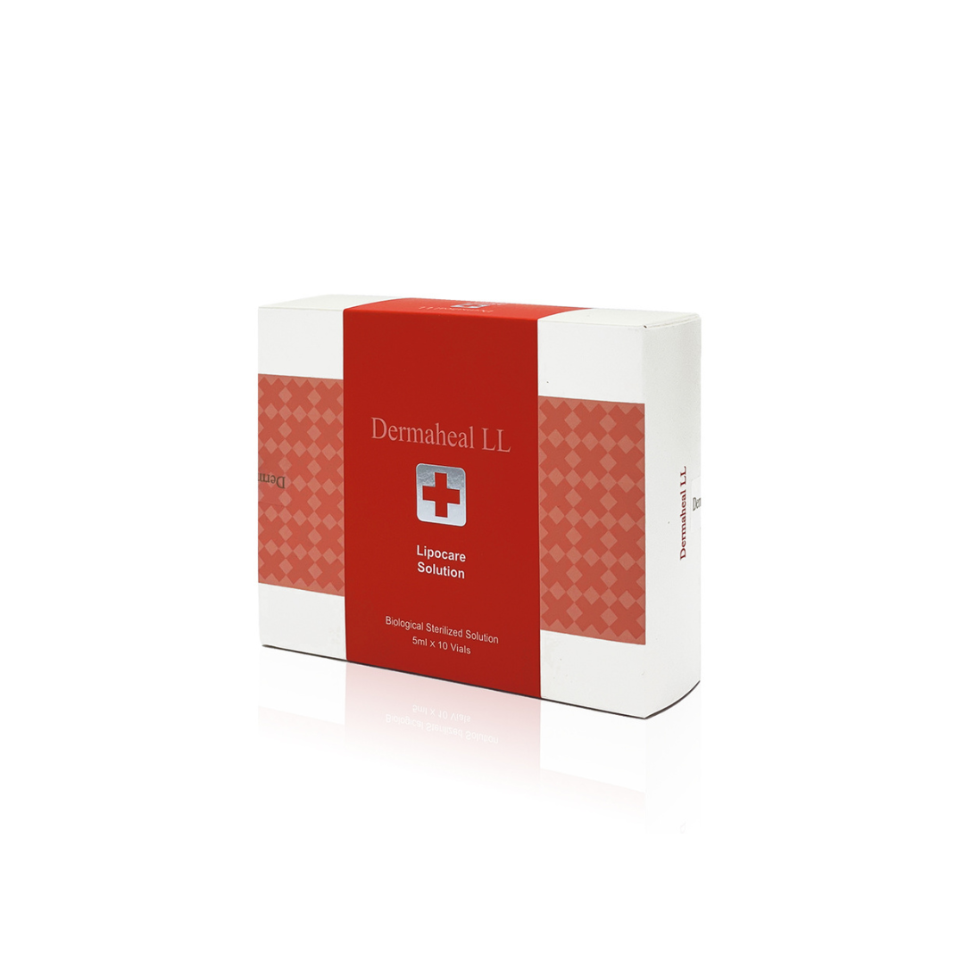 Dermaheal LL Lipocare Solution, 10 x 5ml vials with packaging, targets stubborn fat pockets, improves skin elasticity, treats thighs, hips, abdomen, and double chin.