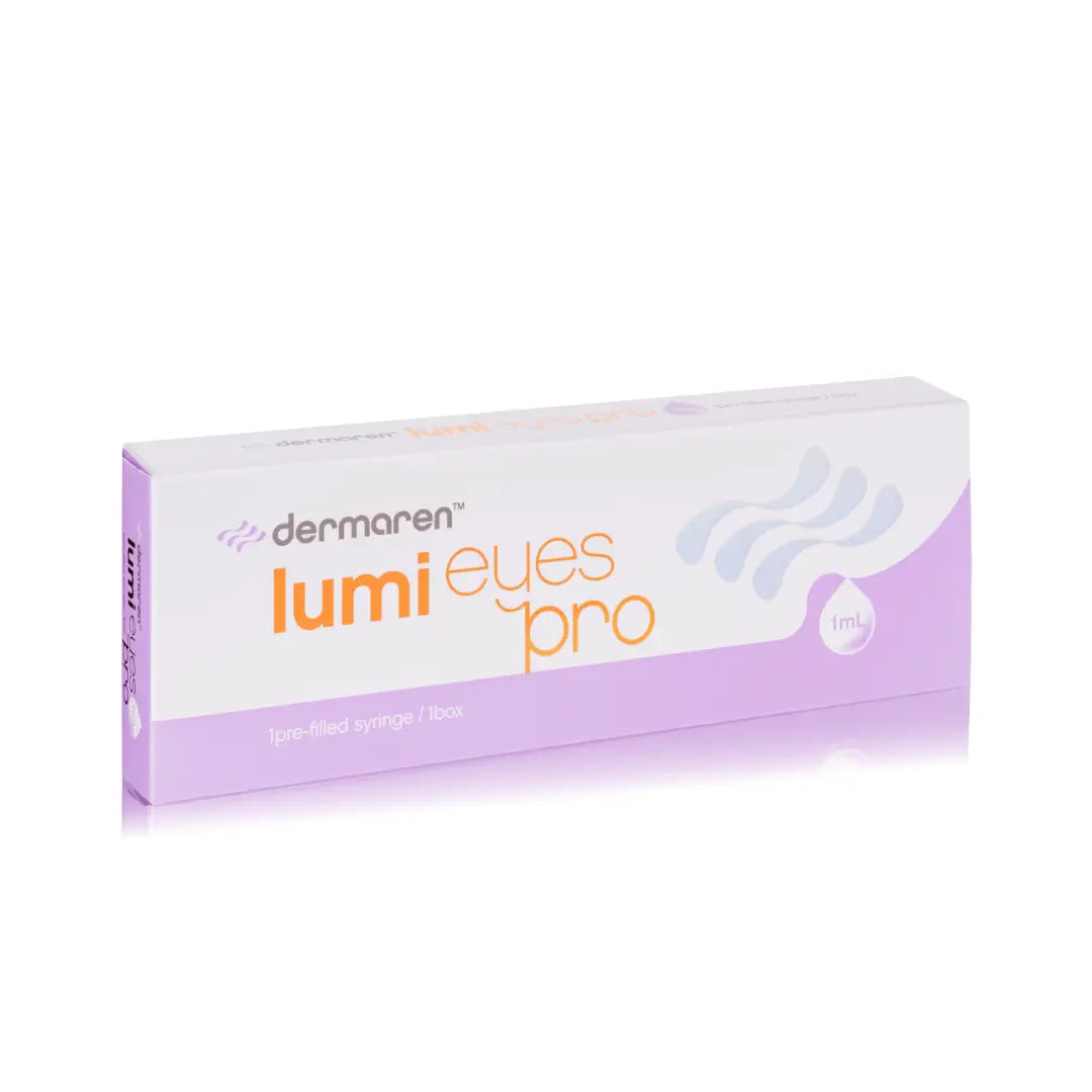 Lumi Eyes Pro 1ml box with purple and white design. Under-eye care product for brightening, reducing puffiness, and refreshing tired skin.