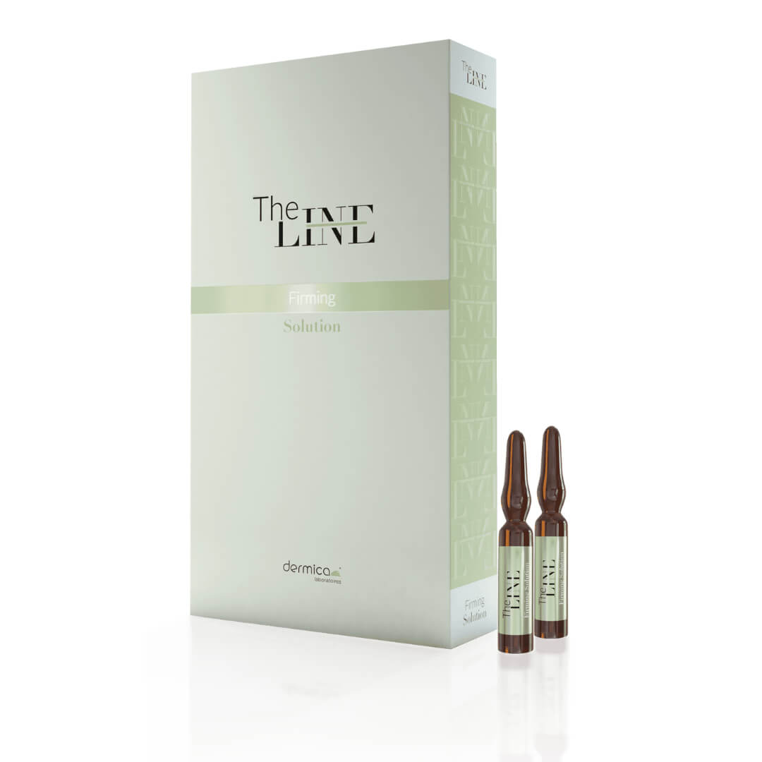 Dermica Firming Solution packaging with 10 x 2ml ampoules, targets cellulite-prone skin with L-carnitine and caffeine.