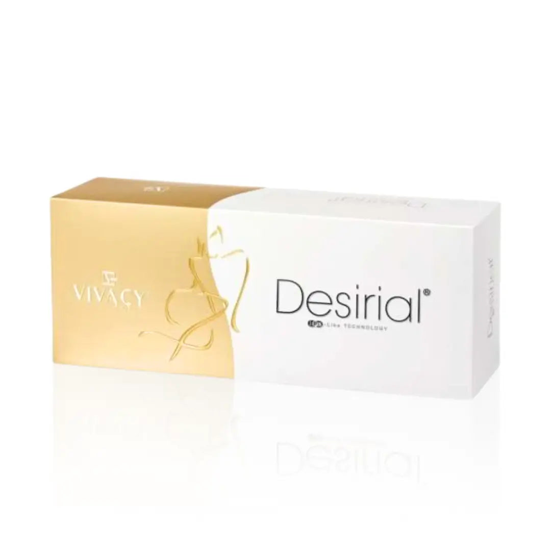 Box packaging of Desirial (1 x 1ML), a gel product aimed at supporting intimate wellness by hydrating sensitive areas and reducing dryness.