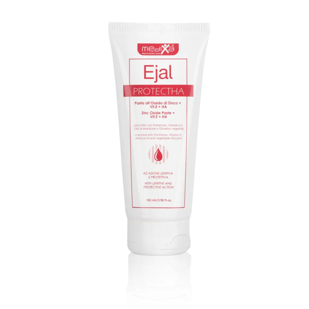 Medixa Ejal ProtectHA 100ml skincare cream tube, white with red labels, designed to hydrate and protect skin, suitable for all skin types.