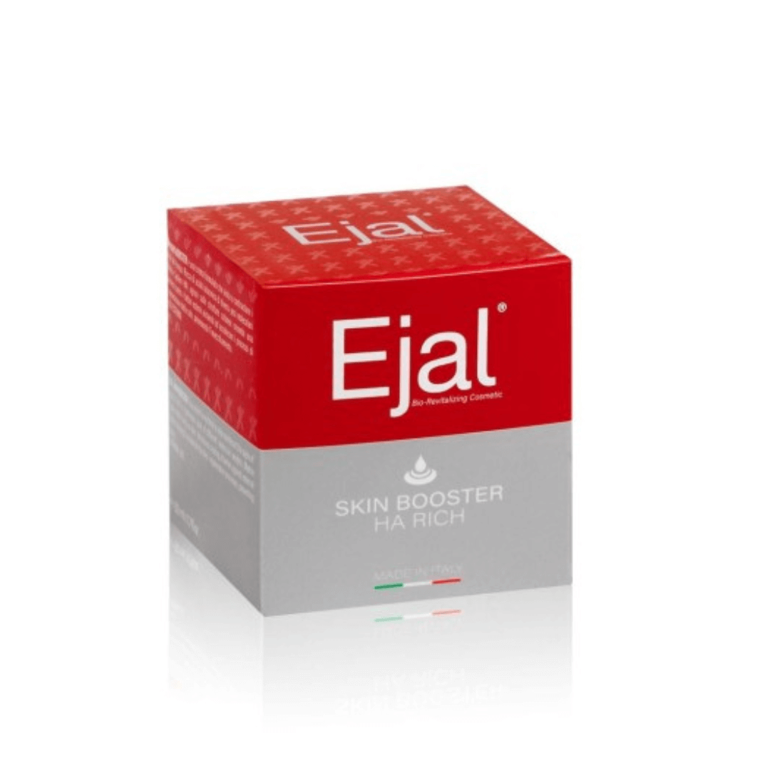 Packaging box of Ejal Skin Booster HA Rich, vibrant red with a detailed gray bottom, highlights HA Rich formula for skin revitalization and post-treatment care.