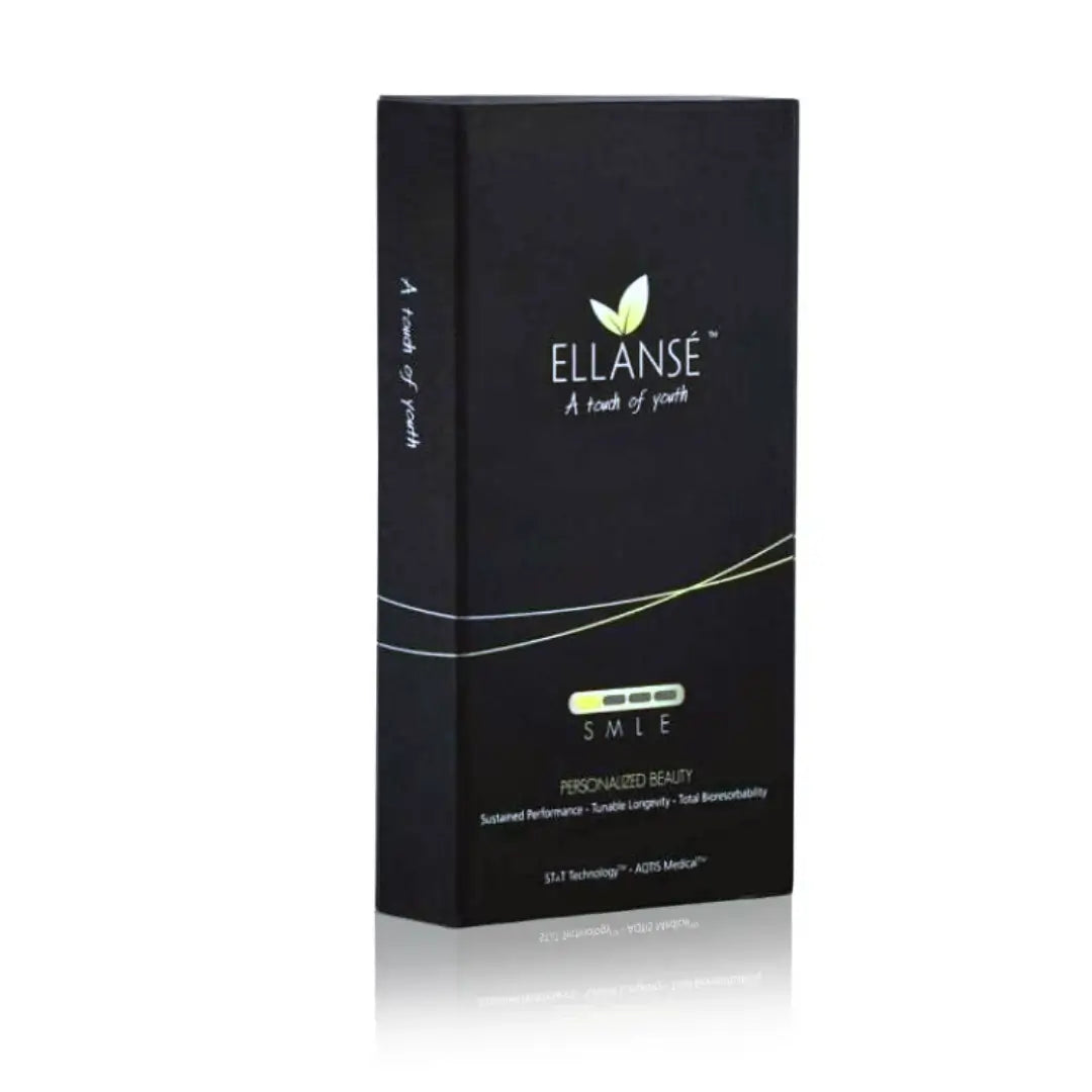 Ellansé S product packaging in black with green accents, offering a dermal filler solution for smoother skin and long-lasting results, 2 x 1ml.
