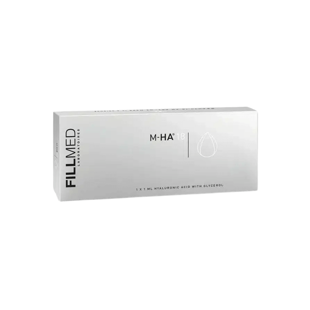 Silver packaging of Fillmed M-HA 18, contains one 1ml syringe of hyaluronic acid solution with glycerol for skin hydration and smooth texture, includes two 30G needles.