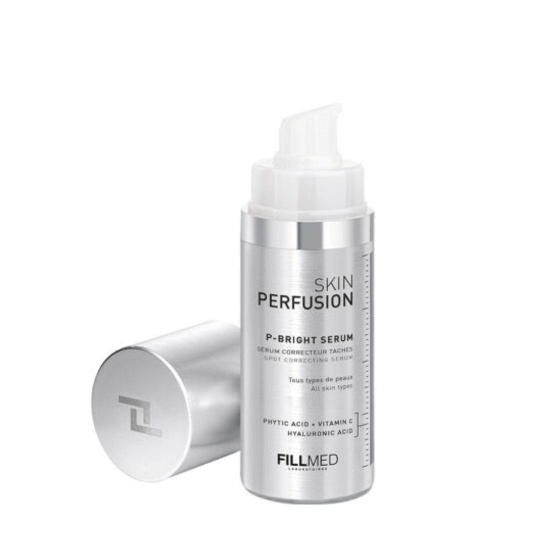FILLMED Skin Perfusion P-Bright Serum bottle with lid off, 30ml, corrects dark spots, enhances skin texture and luminosity.