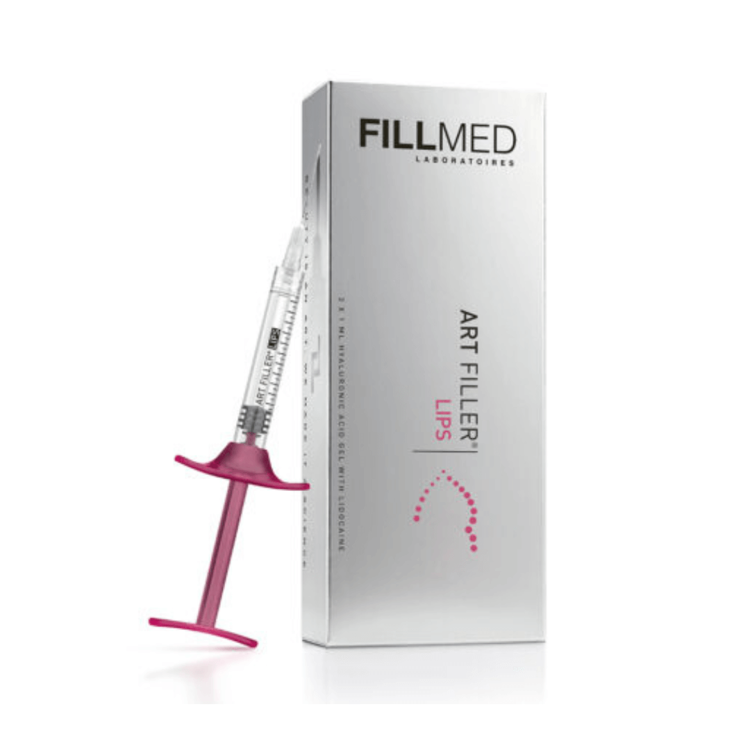 Fillmed Art Filler Lips Lidocaine, hyaluronic acid filler syringe with box, designed for lip shaping, volumizing, and hydrating.