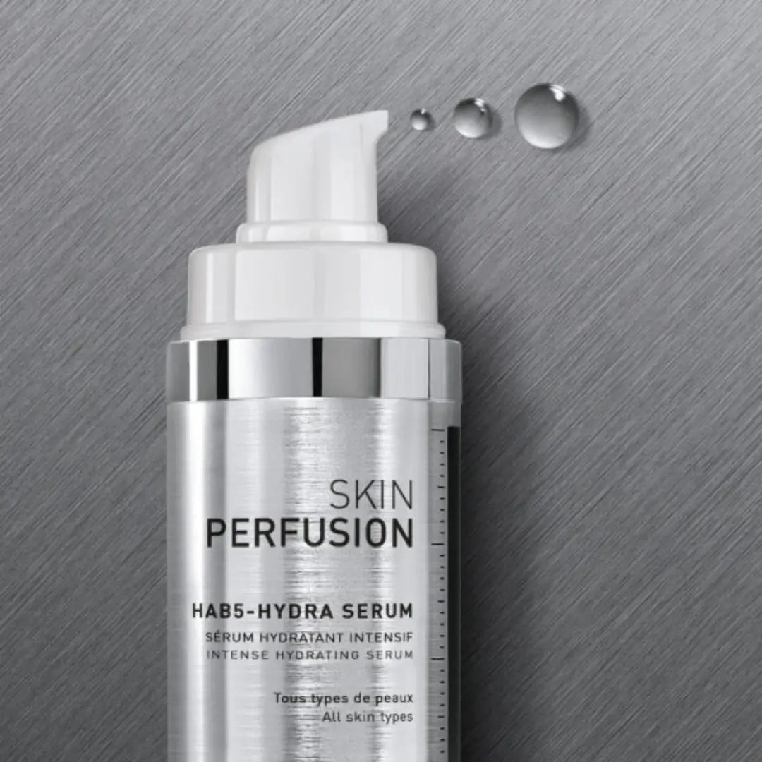 30ml bottle of FILLMED Skin Perfusion HAB5 Hydra Serum on a grey background, intense hydrating serum, reduces dehydration wrinkles.