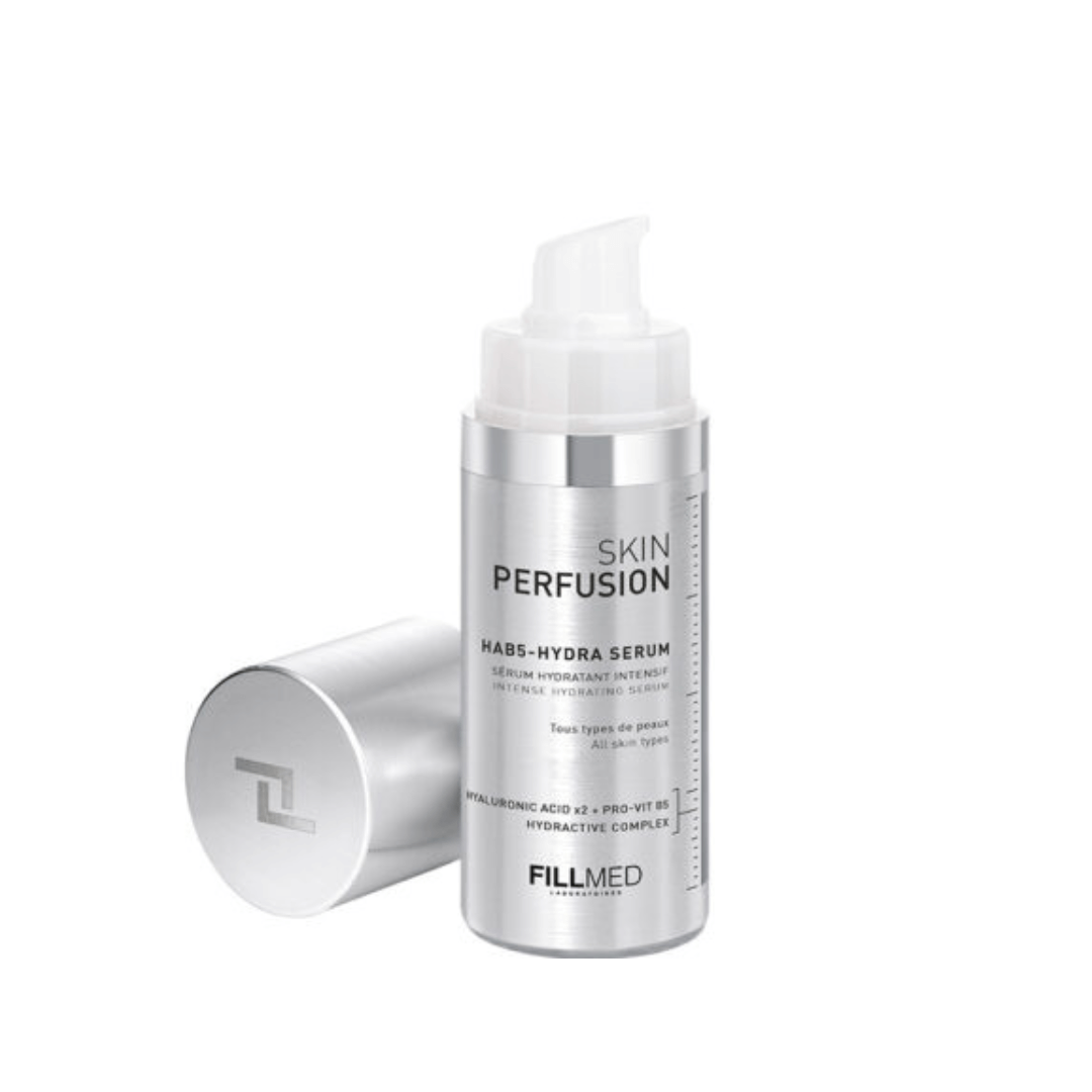 30ml bottle of FILLMED Skin Perfusion HAB5 Hydra Serum with lid off, hydrates skin, smooths dehydration wrinkles, enhances moisture barrier.