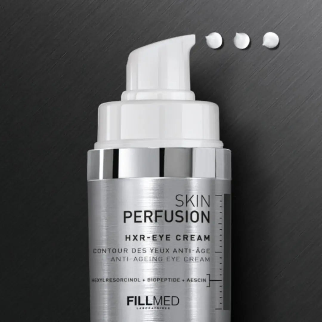 Close-up of FILLMED Skin Perfusion HXR-Eye Cream pump with cream dispensed, 15ml, anti-ageing, reduces dark circles, puffiness, and eye wrinkles.