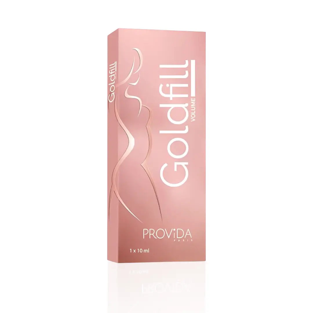 Pink Goldfill Volume packaging box with elegant silhouette design, highlighting a 10ml cosmetic solution for enhancing skin appearance and volume.