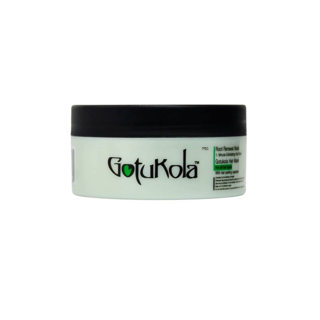 Gotukola Hair Mask in green tub, suitable for all hair types, focuses on deep nourishment and restorative care.