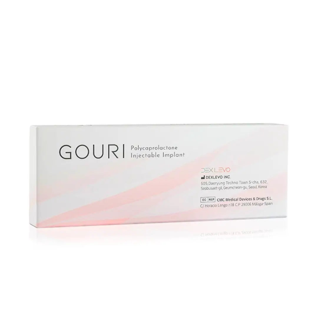 Gouri injectable implant box, featuring a 1ml syringe of polycaprolactone solution for skin rejuvenation and collagen production.