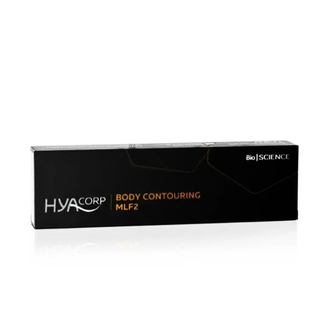Black box of HYAcorp MLF2 body contouring product, used for shaping larger areas and restoring body volume. Features sleek branding in white and orange text.