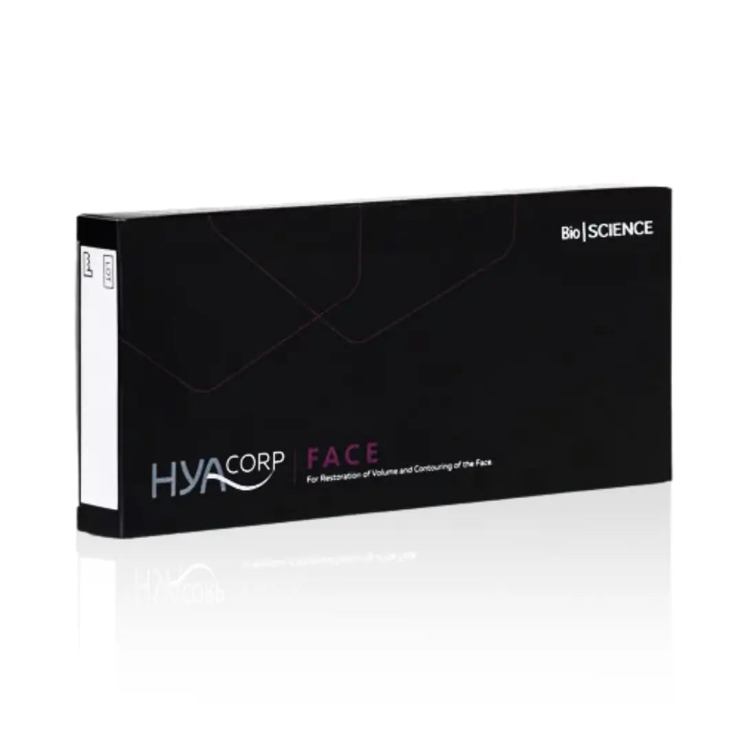 Box of HYAcorp Face for facial contouring and volume restoration. Black packaging with white and purple branding.