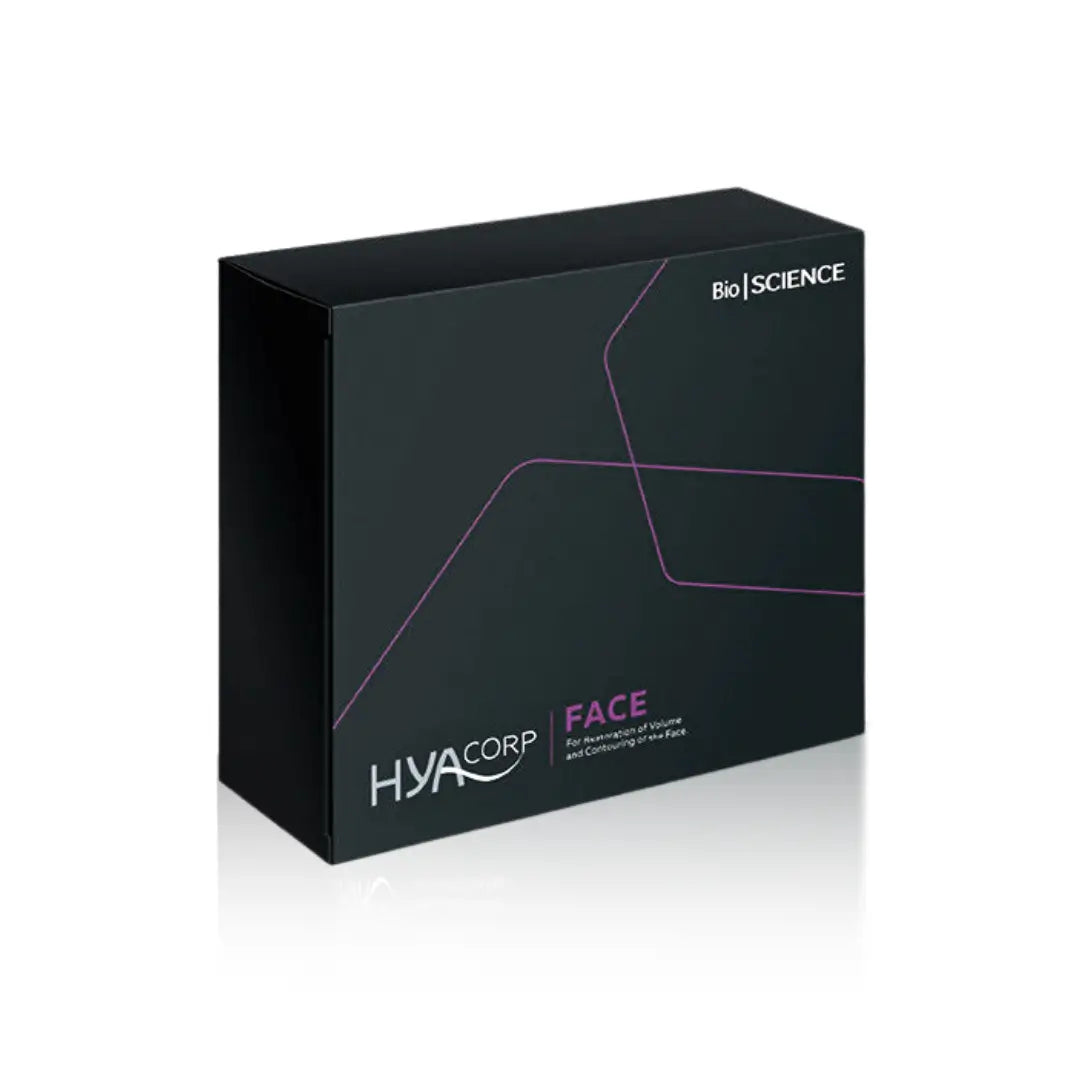 Black box of HYAcorp Face for restoring facial volume and contour. Sleek packaging with purple accents and BioScience logo.