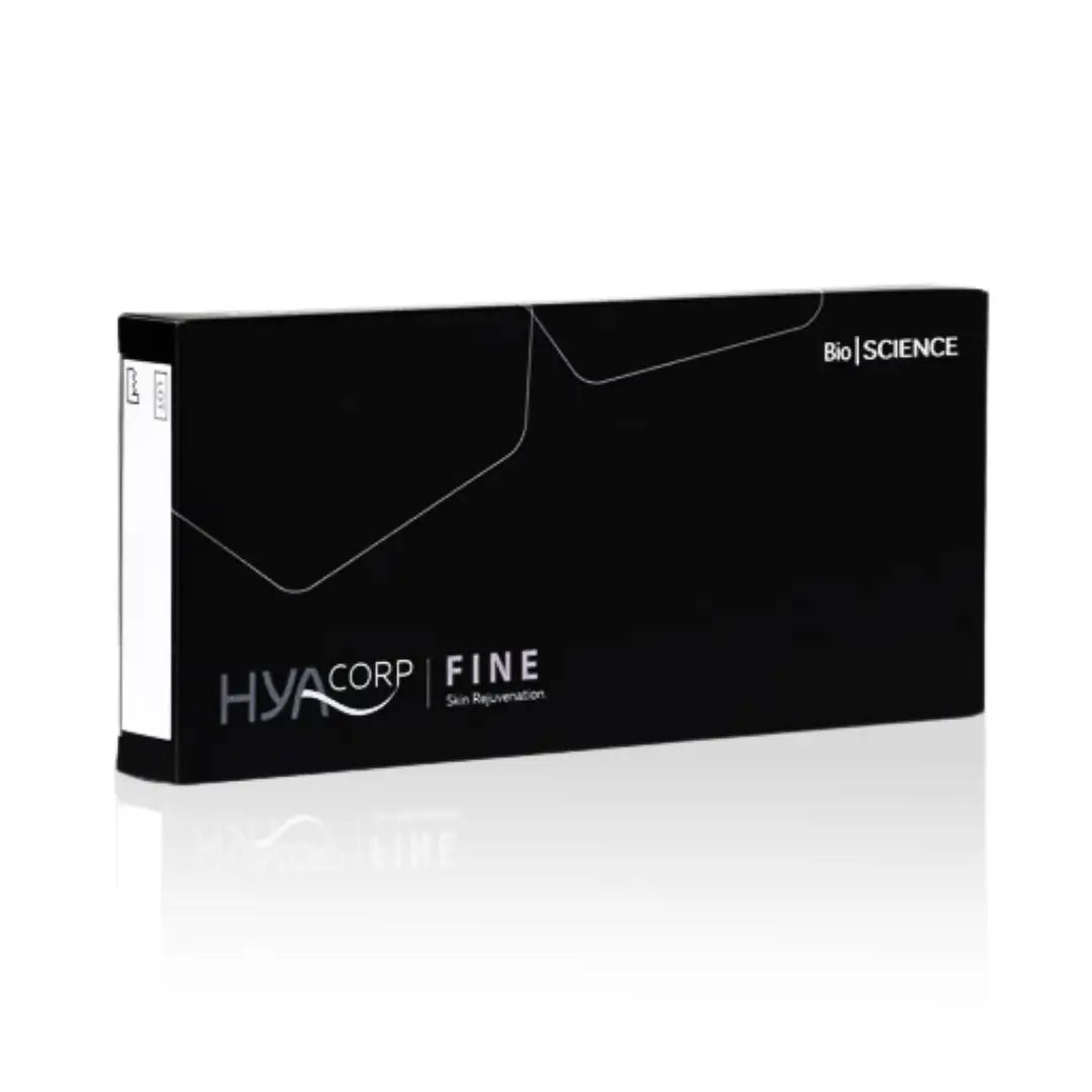 Black box of HYAcorp Fine for facial rejuvenation and smoothing mild wrinkles. Packaging features sleek branding with white text and BioScience logo.