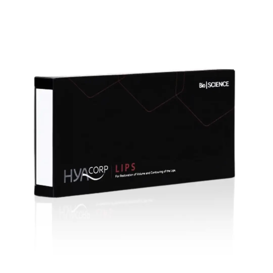 Black box of HYAcorp Lips for enhancing lip volume and contour. Features sleek white and red branding with BioScience logo.