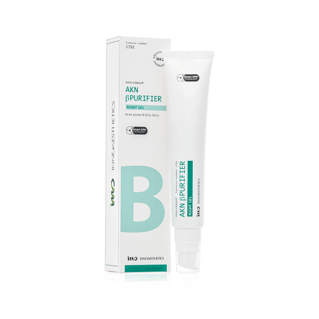 Innoaesthetics INNO-DERMA AKN Β Purifier Night Gel 50g, with packaging, for managing sebum and refining pores in oily, acne-prone skin.