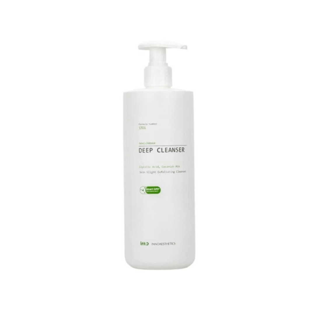Innoaesthetics INNO-DERMA Deep Cleanser 500ML bottle, oil-free cleanser for oily and acne-prone skin, deeply detoxifies and regulates sebum, white packaging.