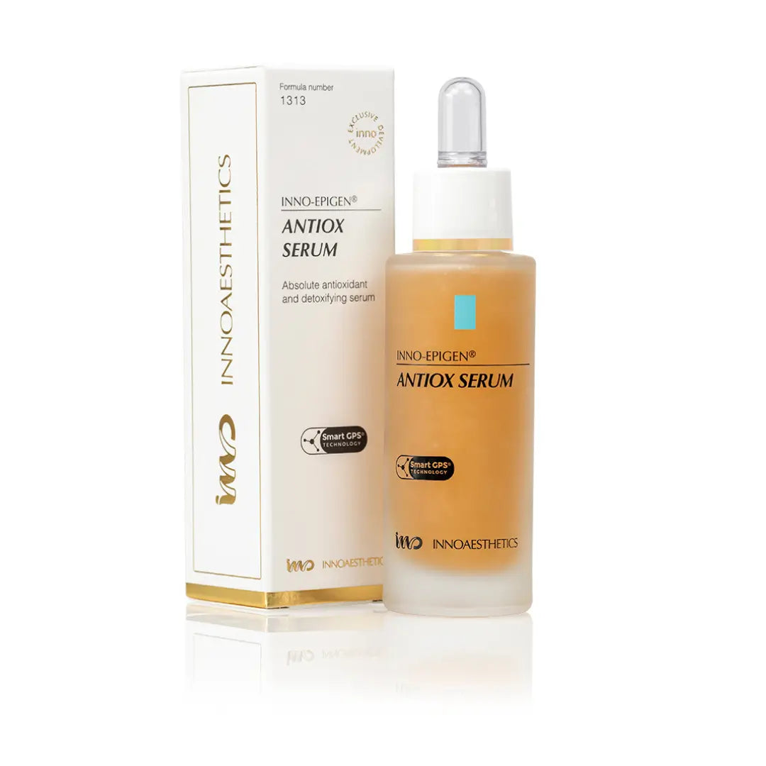Innoaesthetics INNO-EPIGEN Antiox Serum 30ML bottle and box, powerful antioxidant serum, white and gold packaging.