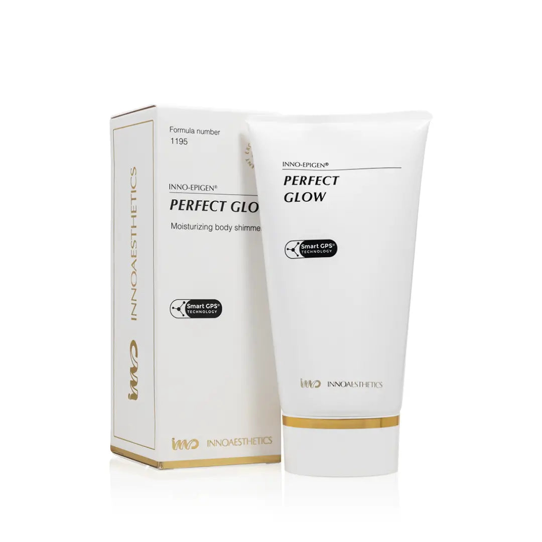 INNO-EPIGEN Perfect Glow moisturizing body shimmer, 150ml tube, adds a radiant glow with pearlescent particles, hydrates skin for a smooth, luminous finish.