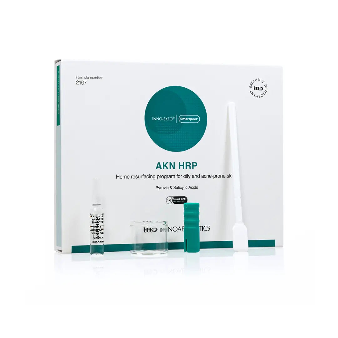 AKN HRP home resurfacing kit for oily and acne-prone skin by Innoaesthetics, includes ampoules and applicator to reduce oil and improve skin clarity, 4 x 2ml.
