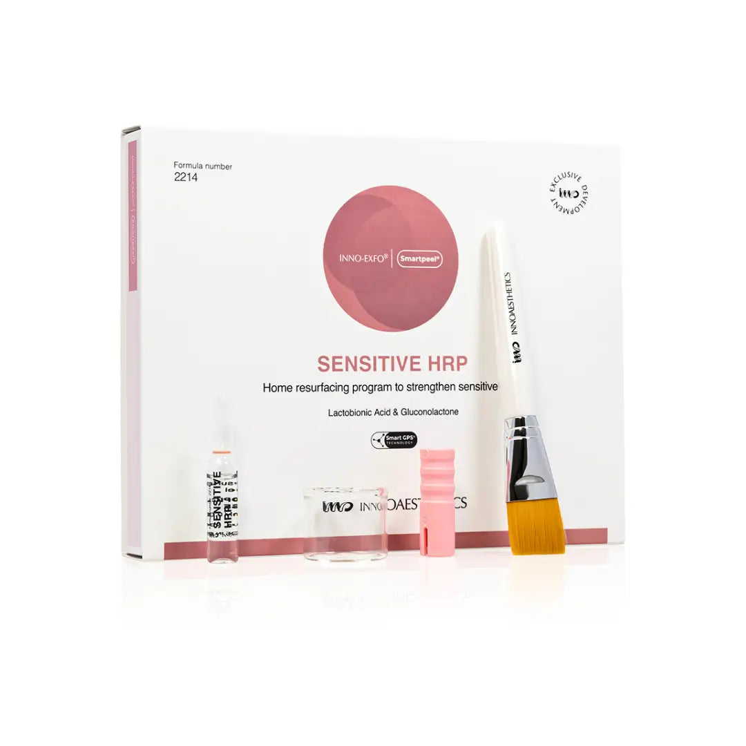 Sensitive HRP home resurfacing kit by Innoaesthetics, designed for sensitive skin, includes ampoules, brush, and jar to enhance skin softness and balance, 4 x 2ml.