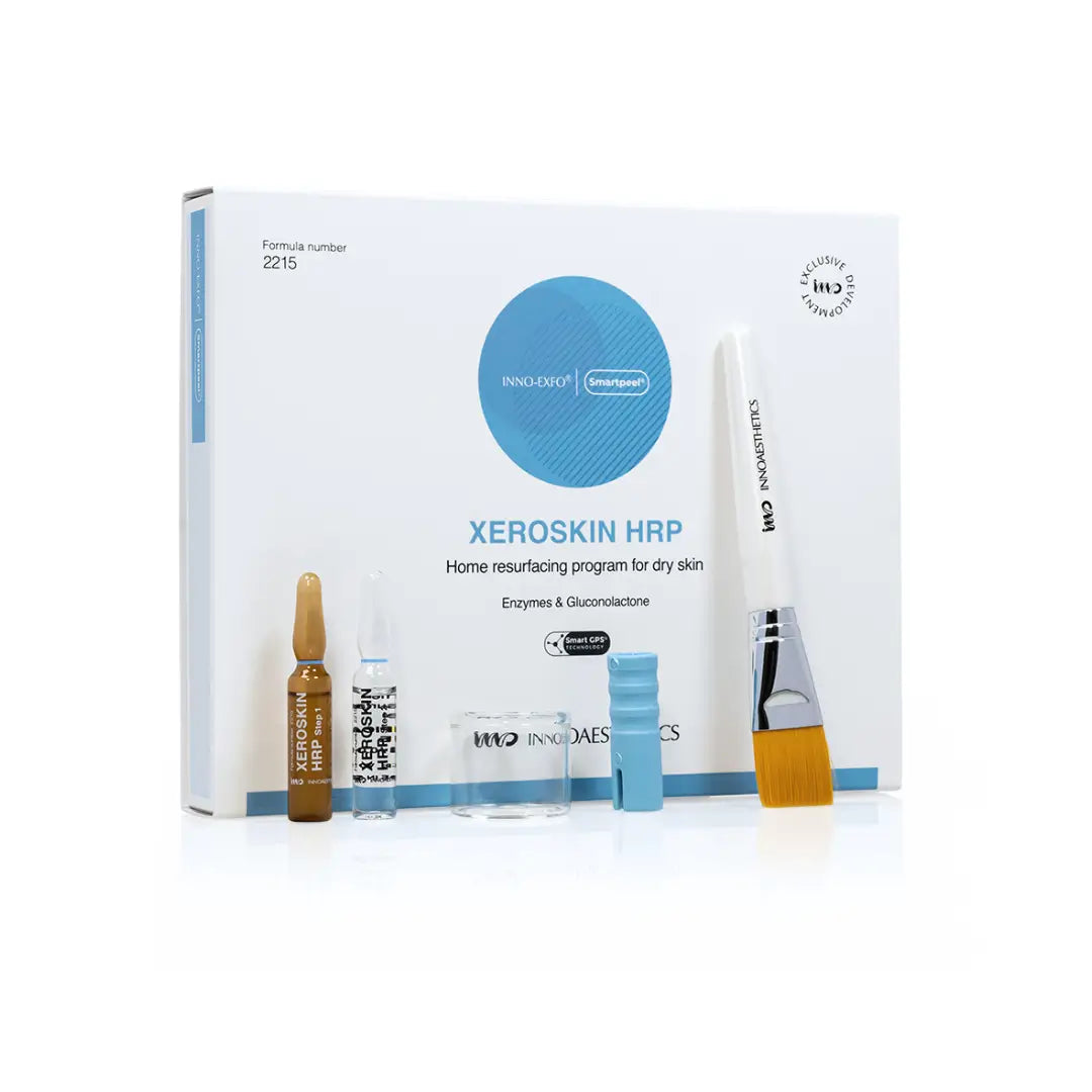 INNO-EXFO Xeroskin HRP home resurfacing kit for dry skin by Innoaesthetics, includes ampoules, brush, and tools for gentle exfoliation and hydration, 8 x 2ml.