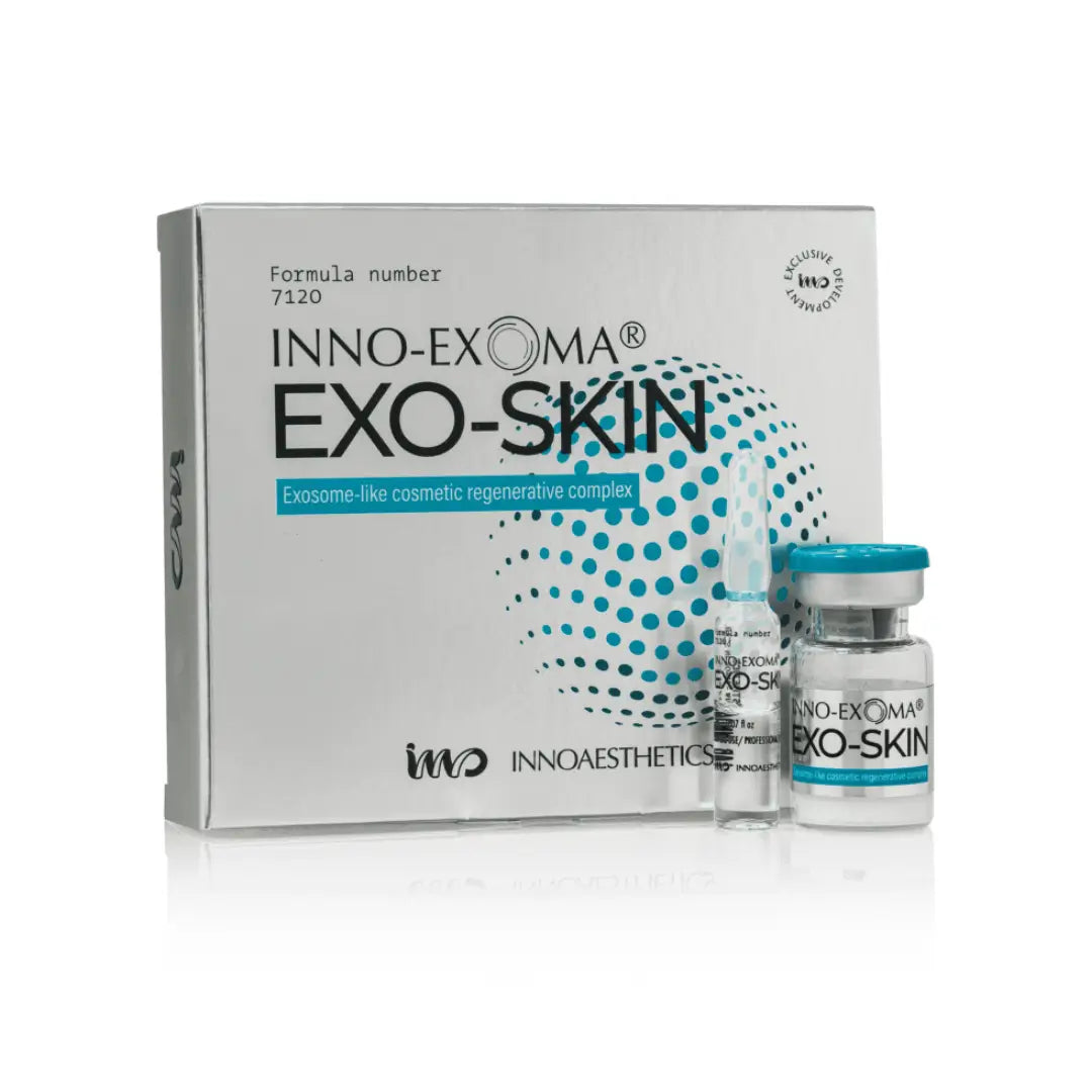Box of Innoaesthetics INNO-EXOMA EXO Skin with 1 vial (10ml) and 1 ampoule (2ml), designed for skin rejuvenation and addressing specific skin conditions.