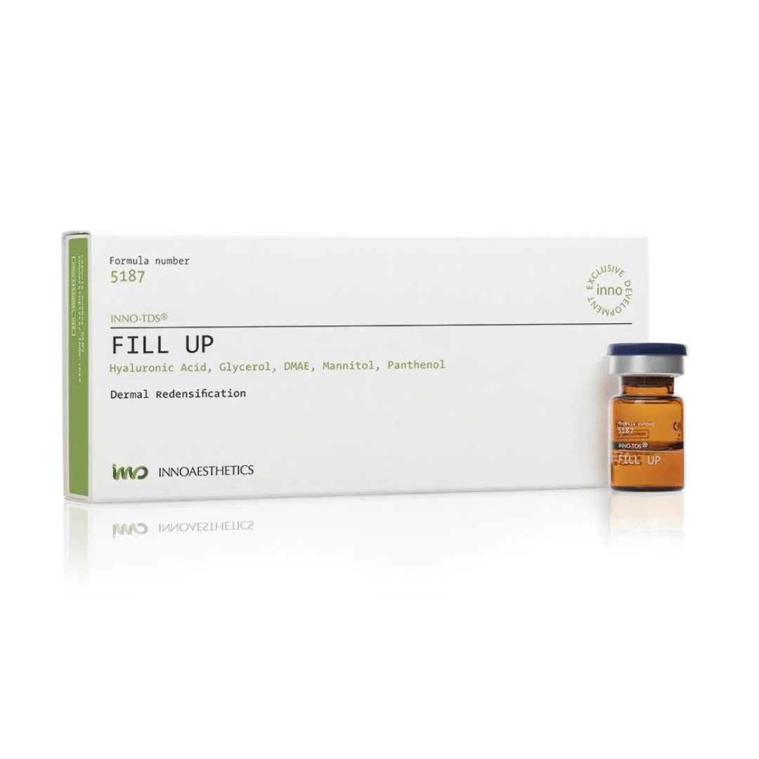 Innoaesthetics INNO-TDS Fill Up packaging and vial, showing 4 x 2.5ml vials for dermal redensification. Contains Hyaluronic Acid, Glycerol, DMAE for skin hydration and improvement of skin texture.