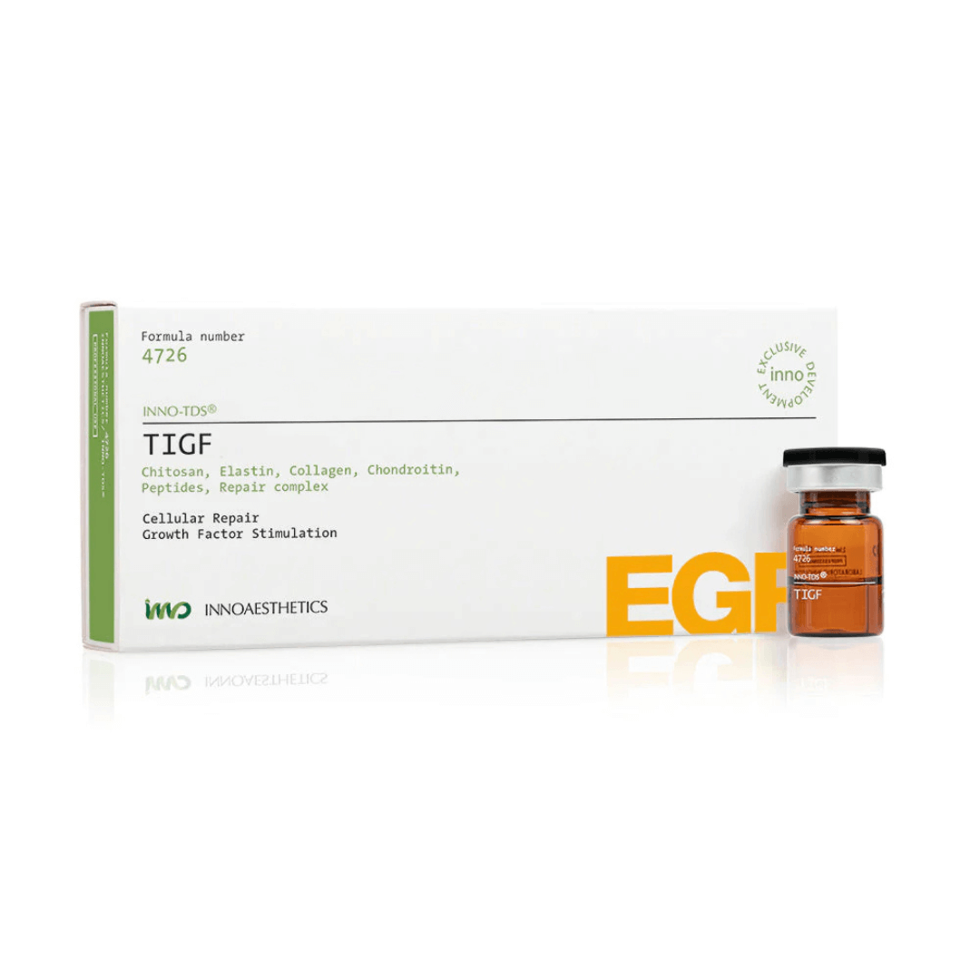 INNO-TDS TIGF, 4x2.5ml vials in a box with one vial displayed, for cellular repair and growth factor stimulation.