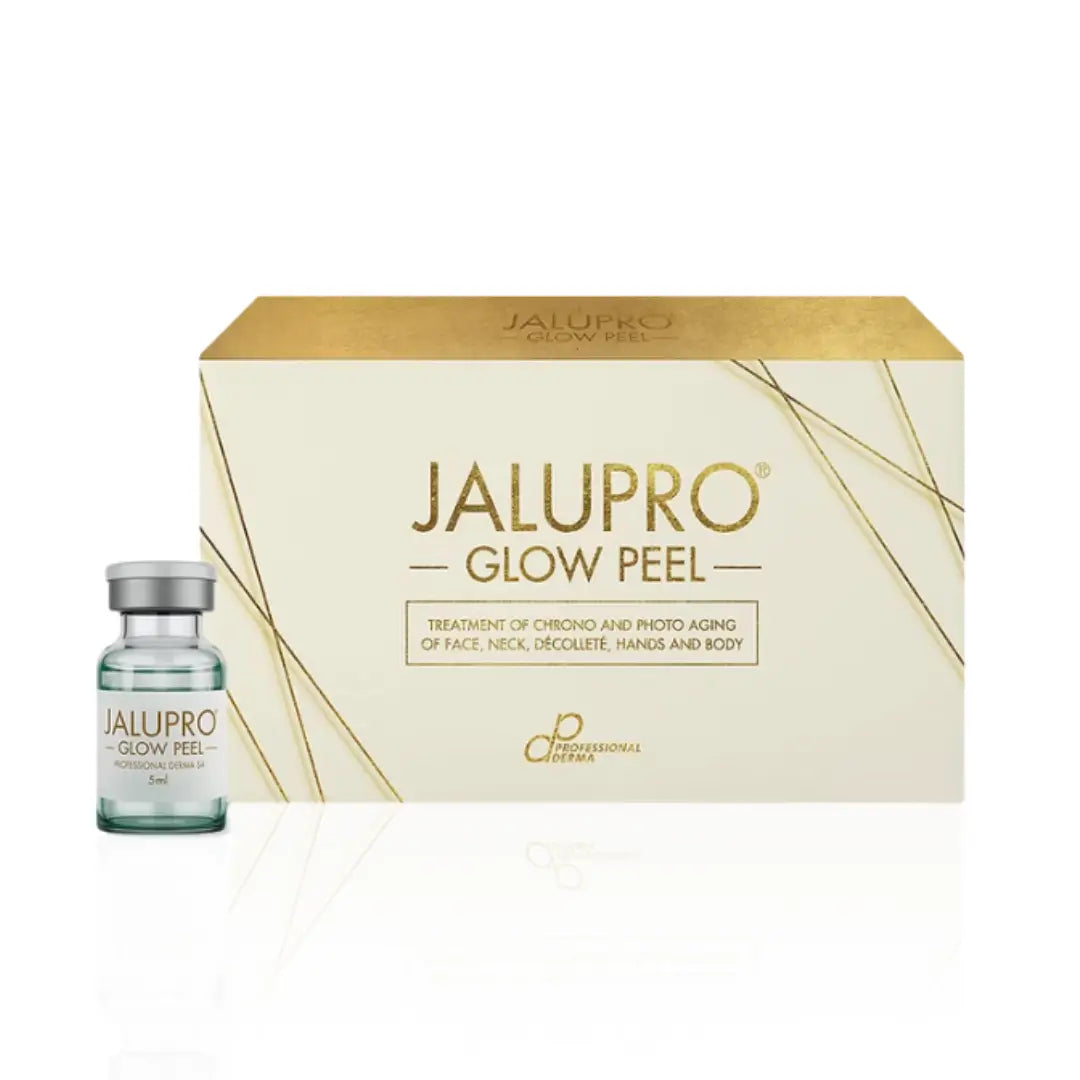 Jalupro Glow Peel box and vial set for improving skin tone and texture on face, neck, hands, and body