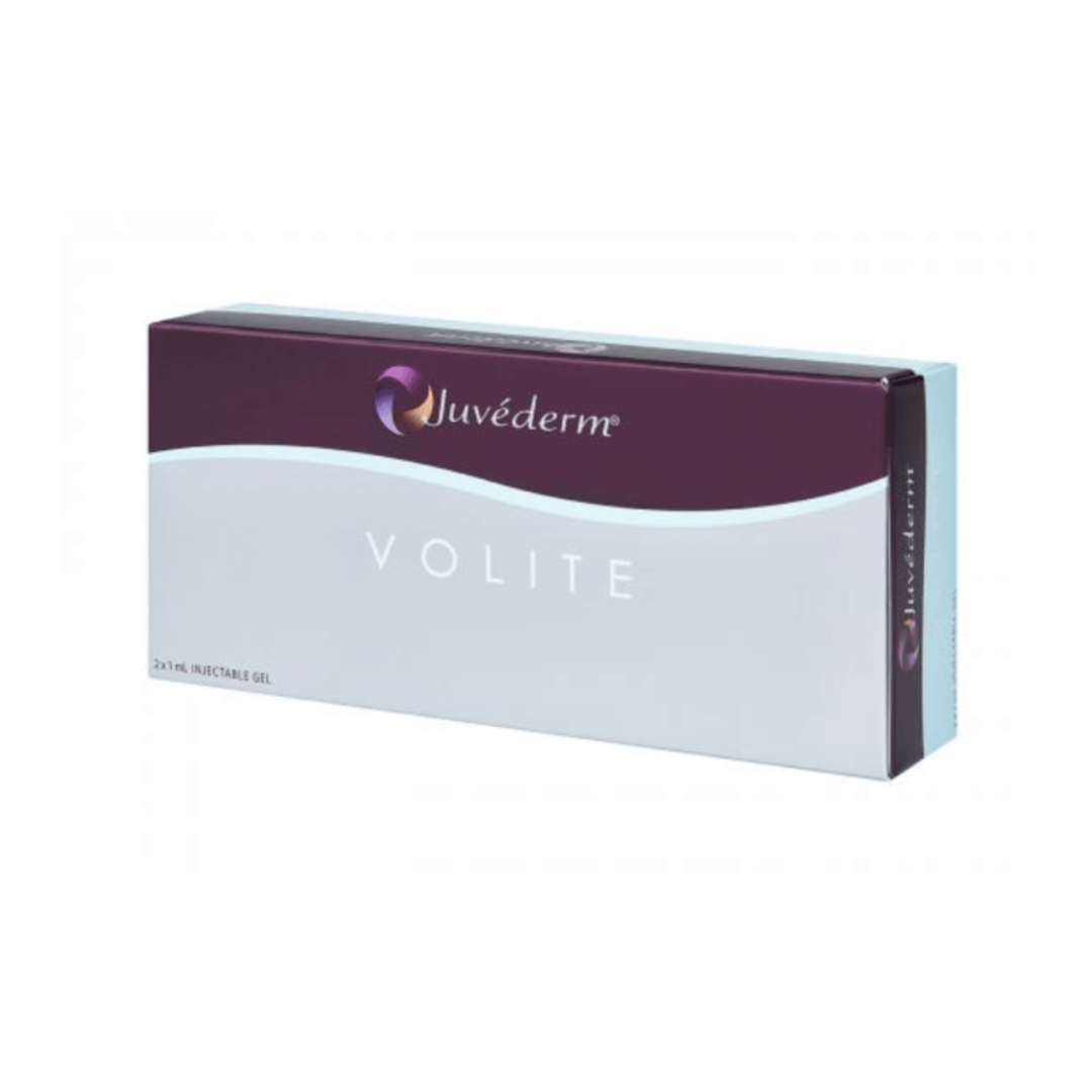 Juvederm Volite packaging in elegant plum and white, designed for enhancing skin quality with hyaluronic acid and VYCROSS technology for lasting smoothness and hydration.