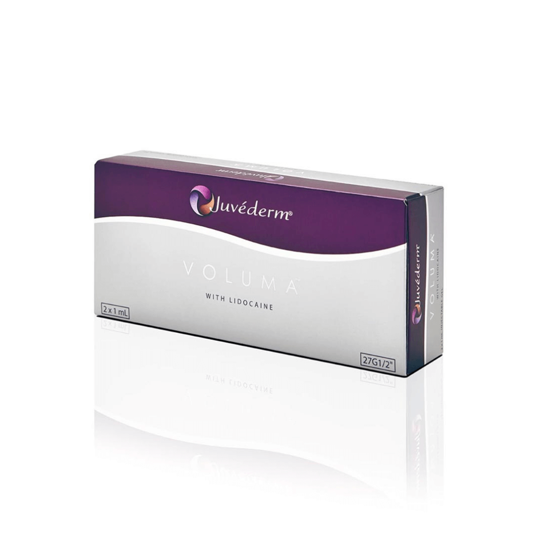Juvederm Voluma with Lidocaine packaging in sophisticated purple and white, designed for facial balance and structure enhancement with two prefilled syringes.