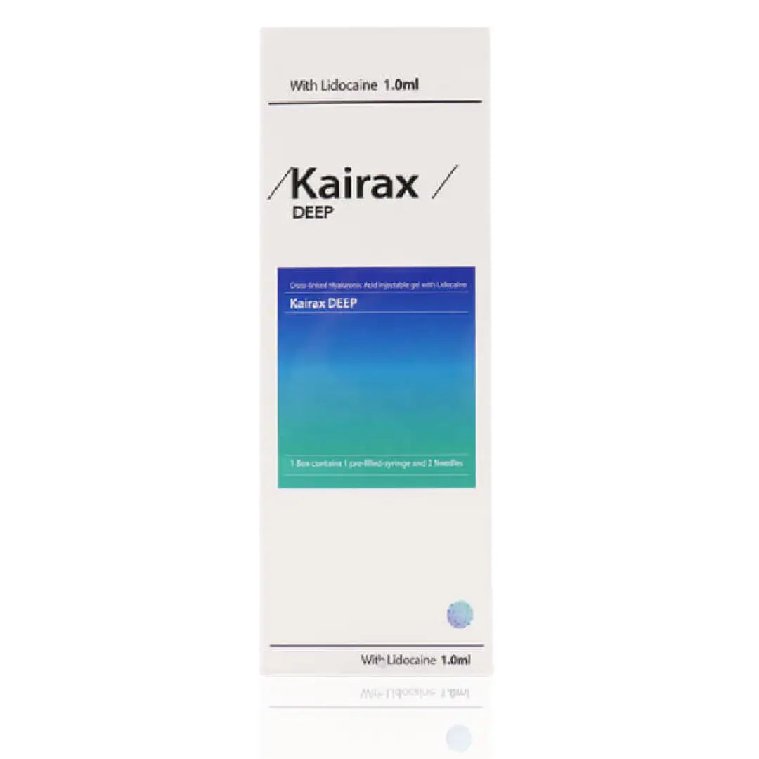 Kairax Deep filler 1ml box with a white and blue design. A cosmetic filler for contouring lips, cheeks, chin, and jawline. Includes a pre-filled syringe and two needles.