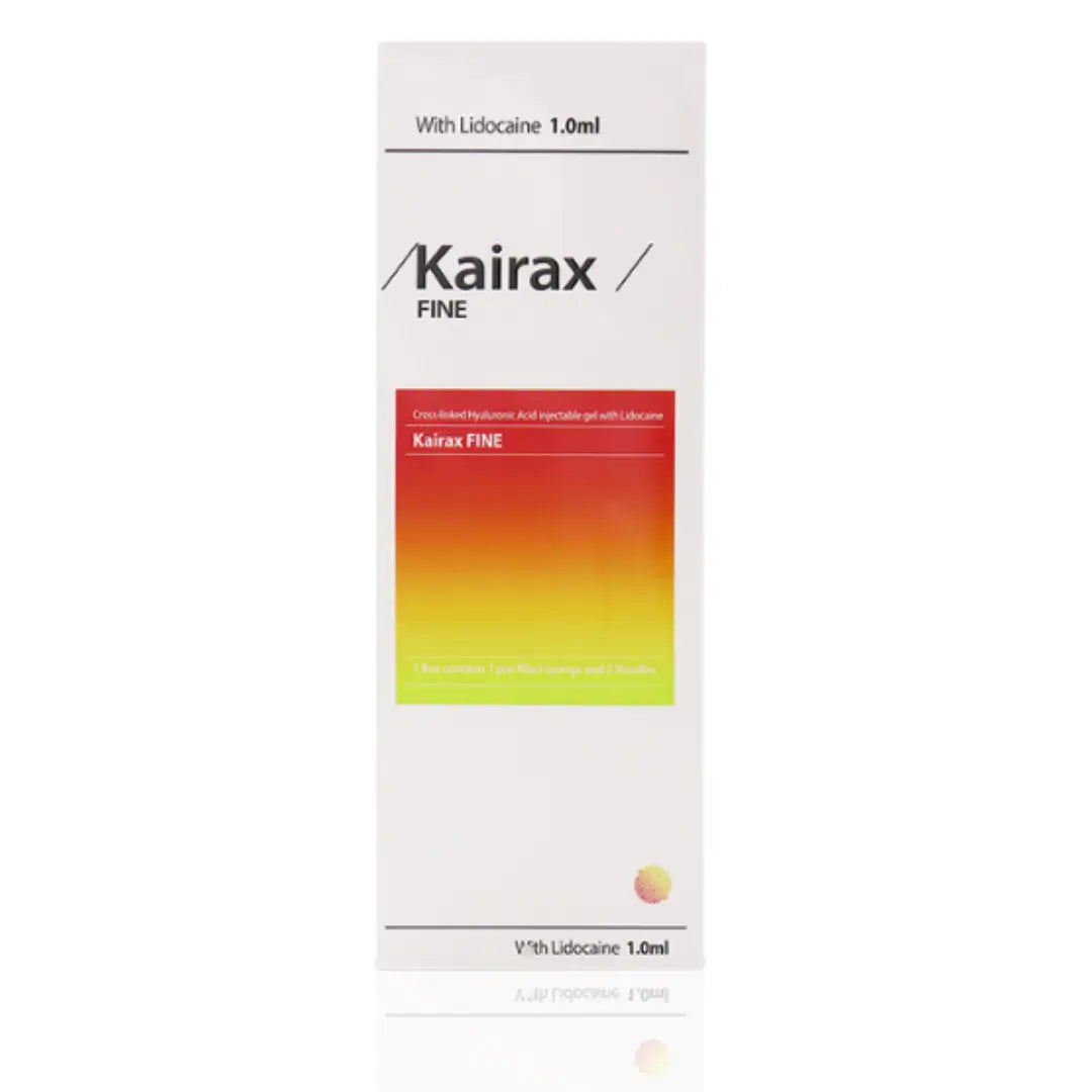 Kairax Fine filler 1ml box with a white, red, and yellow design. A cosmetic filler for refining lips and smoothing facial lines. Includes a pre-filled syringe and two needles.
