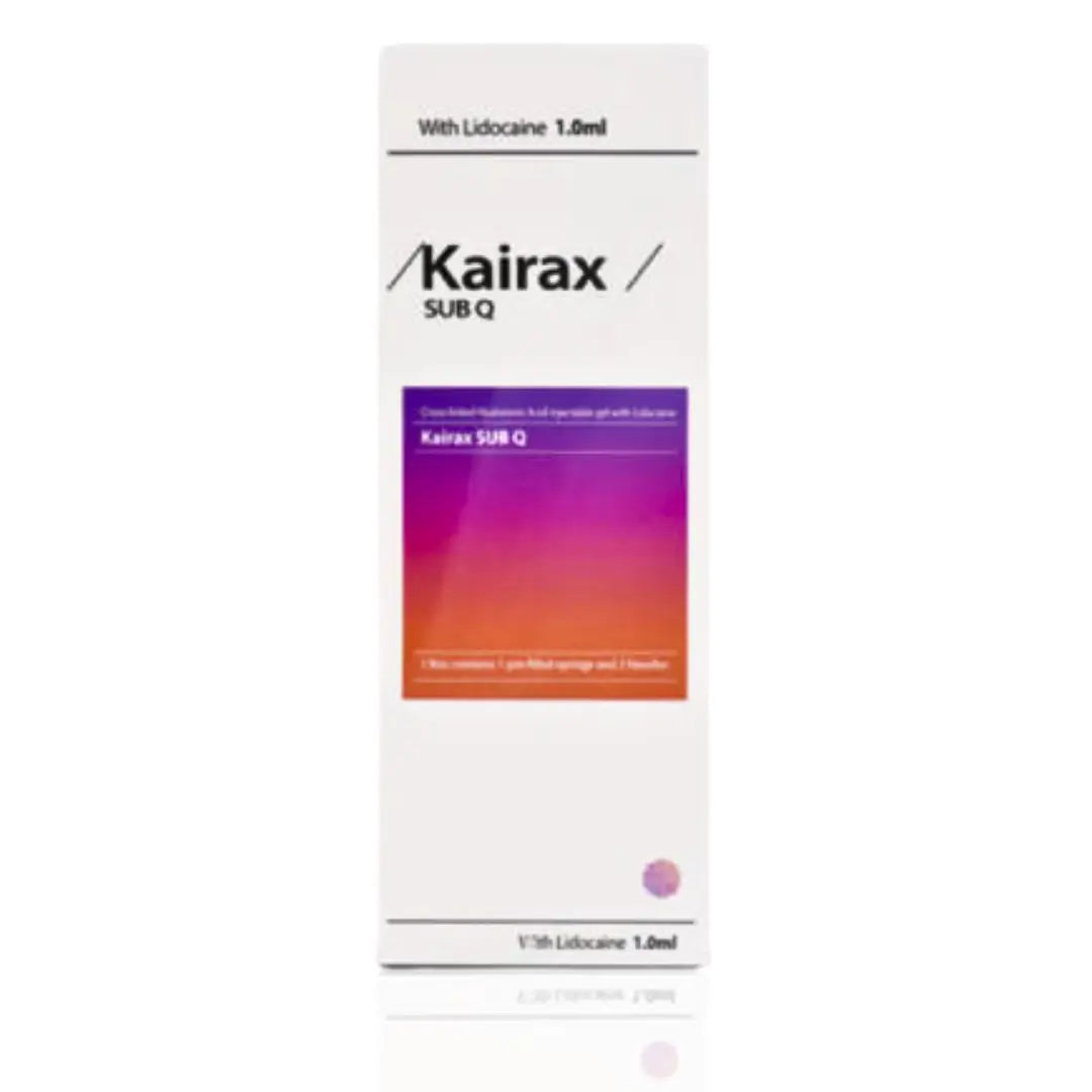 Kairax SubQ filler 1ml box with a white, purple, and orange design. A cosmetic filler for adding volume to cheeks, jawline, and nasolabial folds. Includes a pre-filled syringe and two needles.