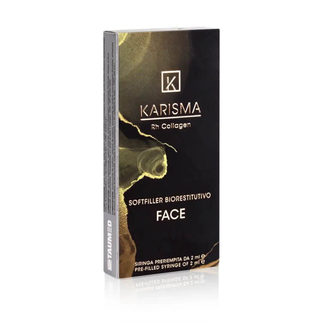 Karisma Rh Collagen Face soft filler packaging, 1 x 2ml pre-filled syringe, used for facial contouring and skin improvement.
