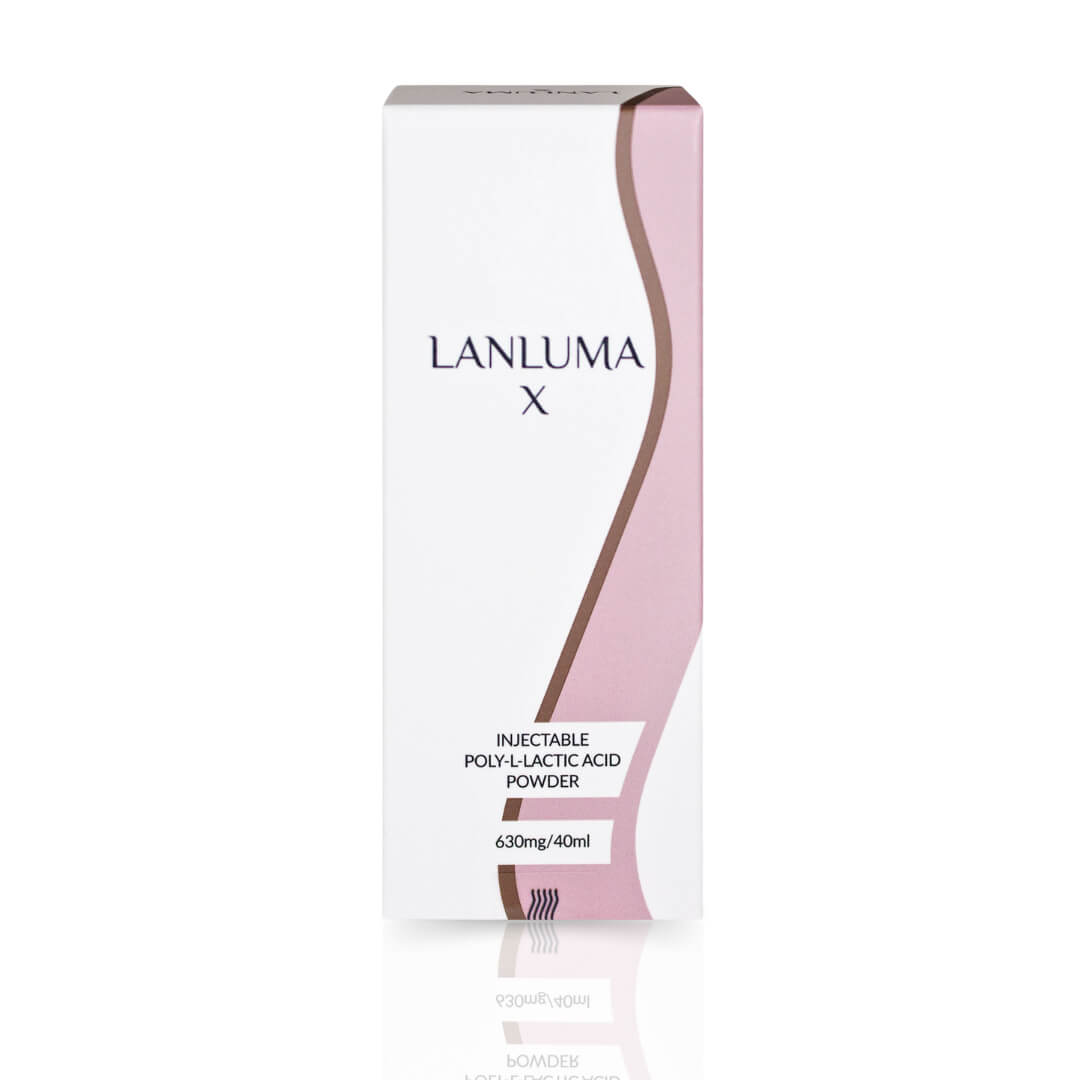 Lanluma X packaging with modern design highlighting its 630mg/40ml poly-L-lactic acid content.