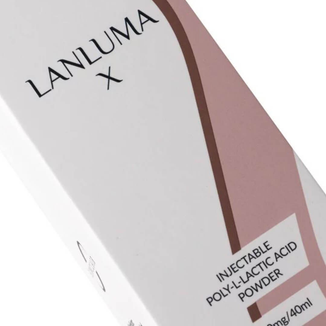 Close-up of Lanluma X box displaying poly-L-lactic acid injectable, 630mg/40ml details.