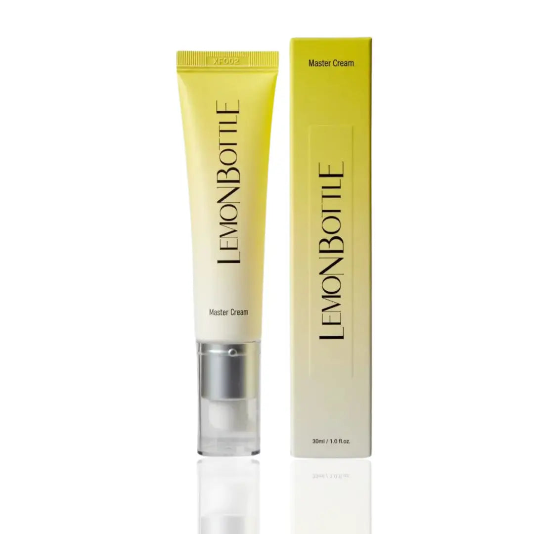 LEMONBOTTLE Master Cream tube and box in vibrant yellow, showcasing luxurious skincare product for daily use.