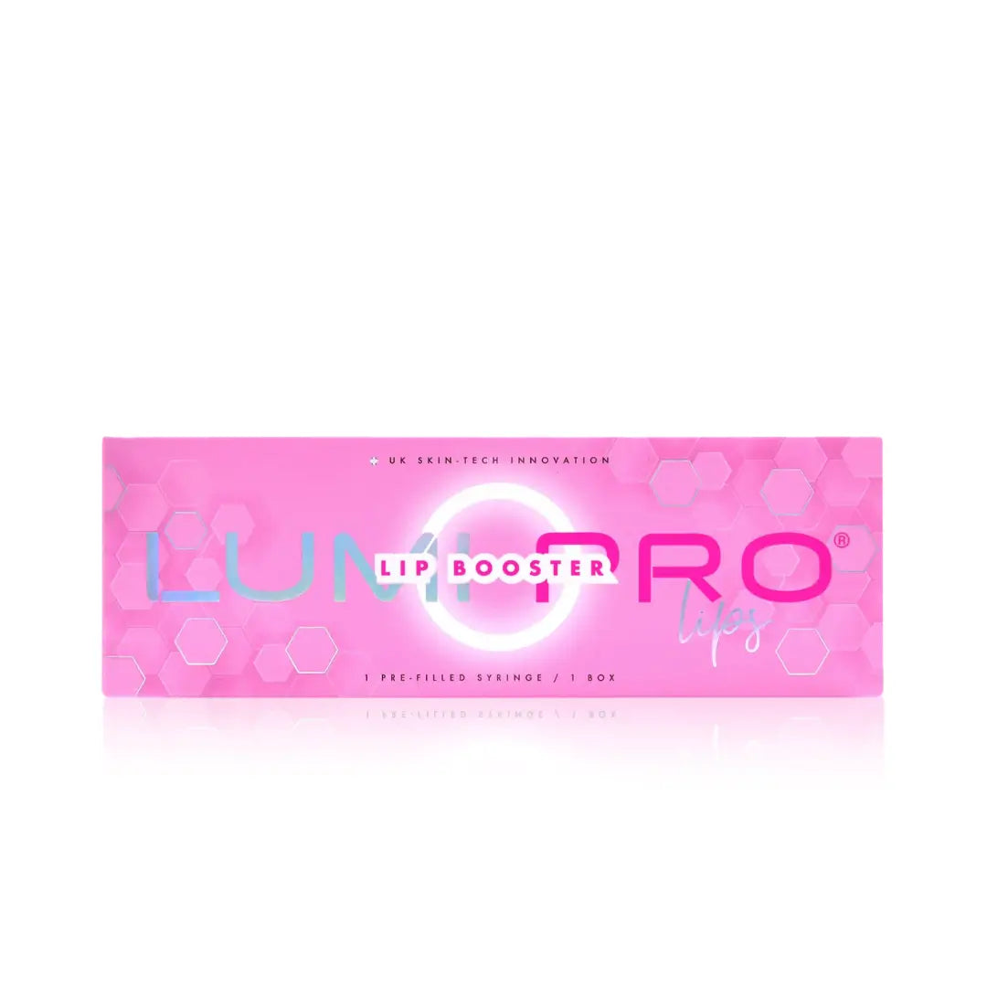 LUMI-PRO Lips Lip Booster box in pink packaging with hexagonal patterns. Features branding and product details, indicating a pre-filled syringe for lip hydration and enhancement.